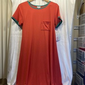 LuLaRoe Carly Dress Size small red dress green trim new with tags high low dress
